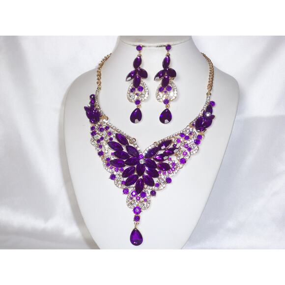 Purple rhinestone necklace set prom party formal evening wedding bridal necklace - Picture 5 of 9